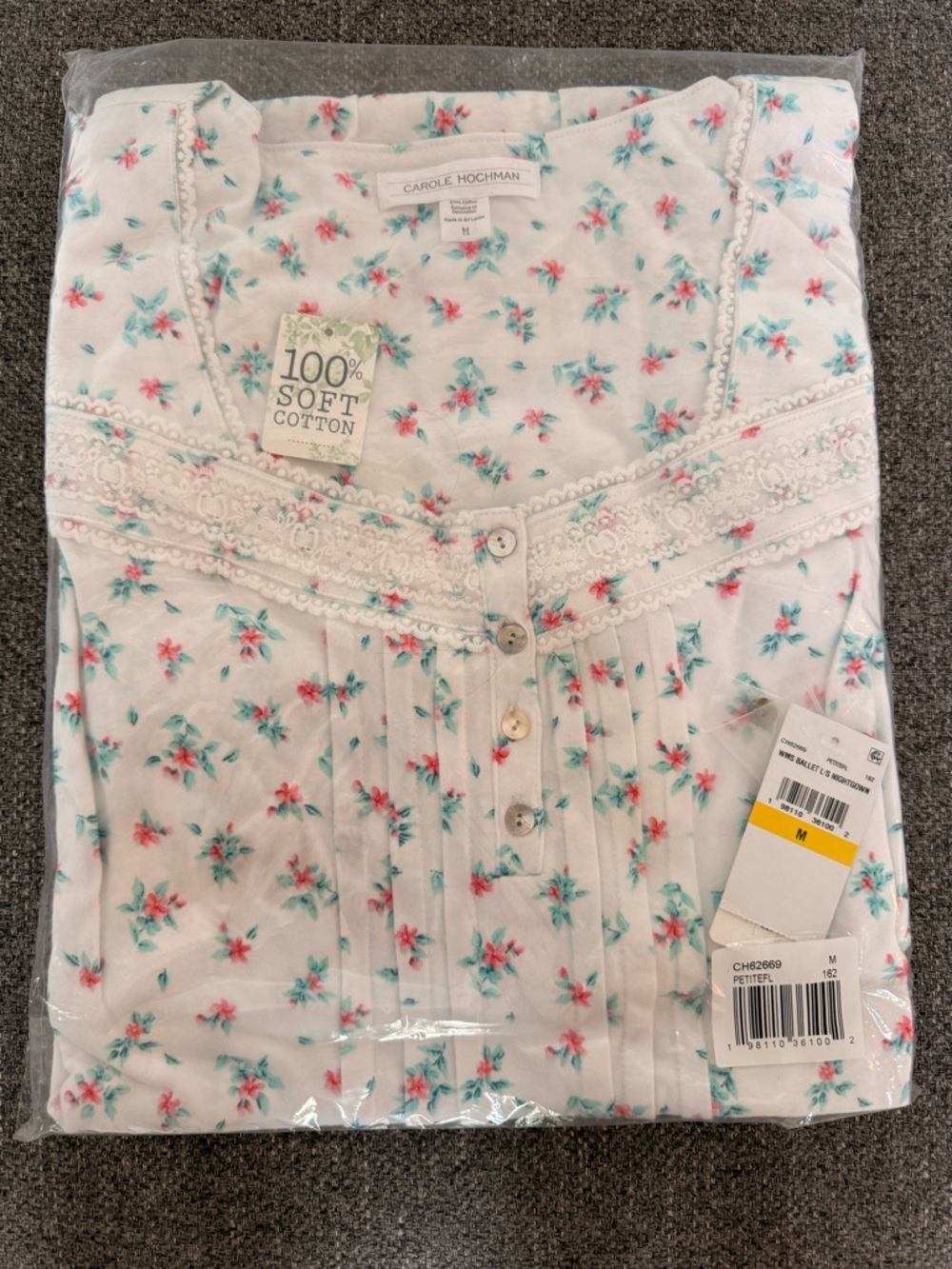 Carole Hochman White Cotton Floral Nightgown with Pink & Teal Flowers